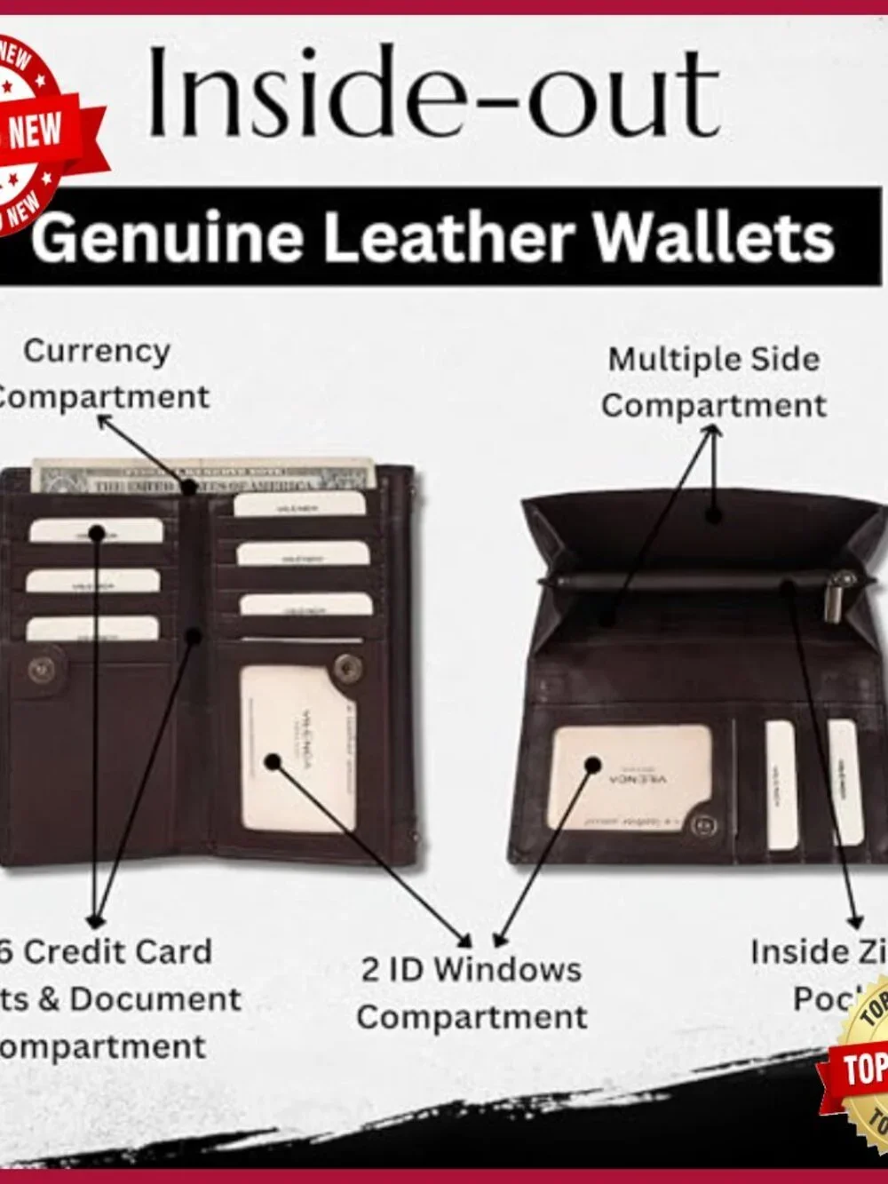 Vintage Italian Leather Studded Trifold Wallet with Zipper Coin Purse